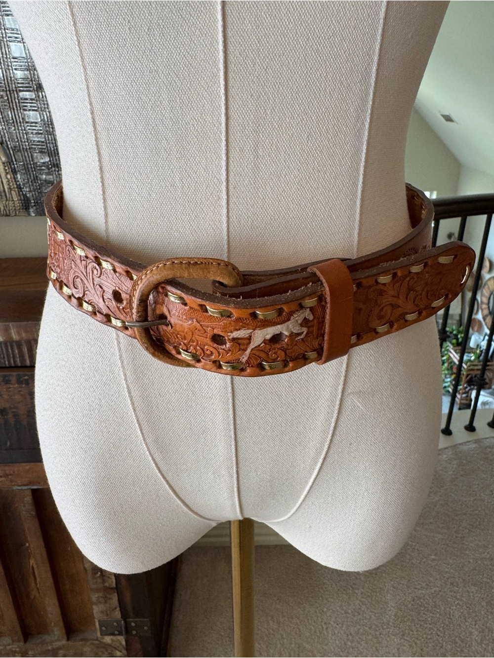 Tooled Leather Western Belt with Horse Motif - 38 (L) - Picture 1 of 8
